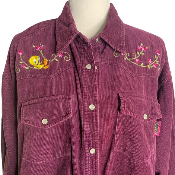 Vintage 90s Looney Tunes Tweety Bird Western Shirt XL Purple Pearl Snap Pockets - Picture 2 of 7